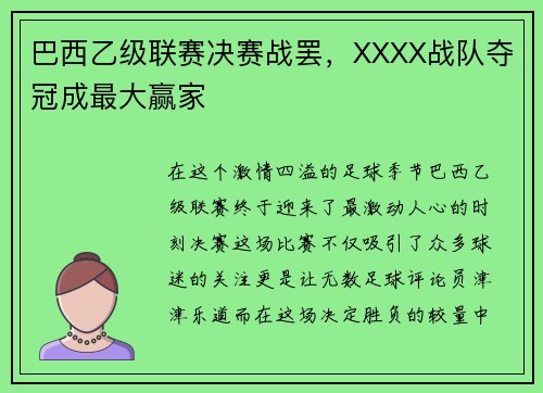 巴西乙级联赛决赛战罢，XXXX战队夺冠成最大赢家