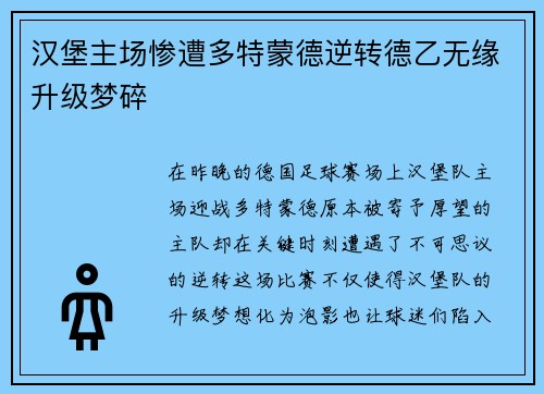 汉堡主场惨遭多特蒙德逆转德乙无缘升级梦碎
